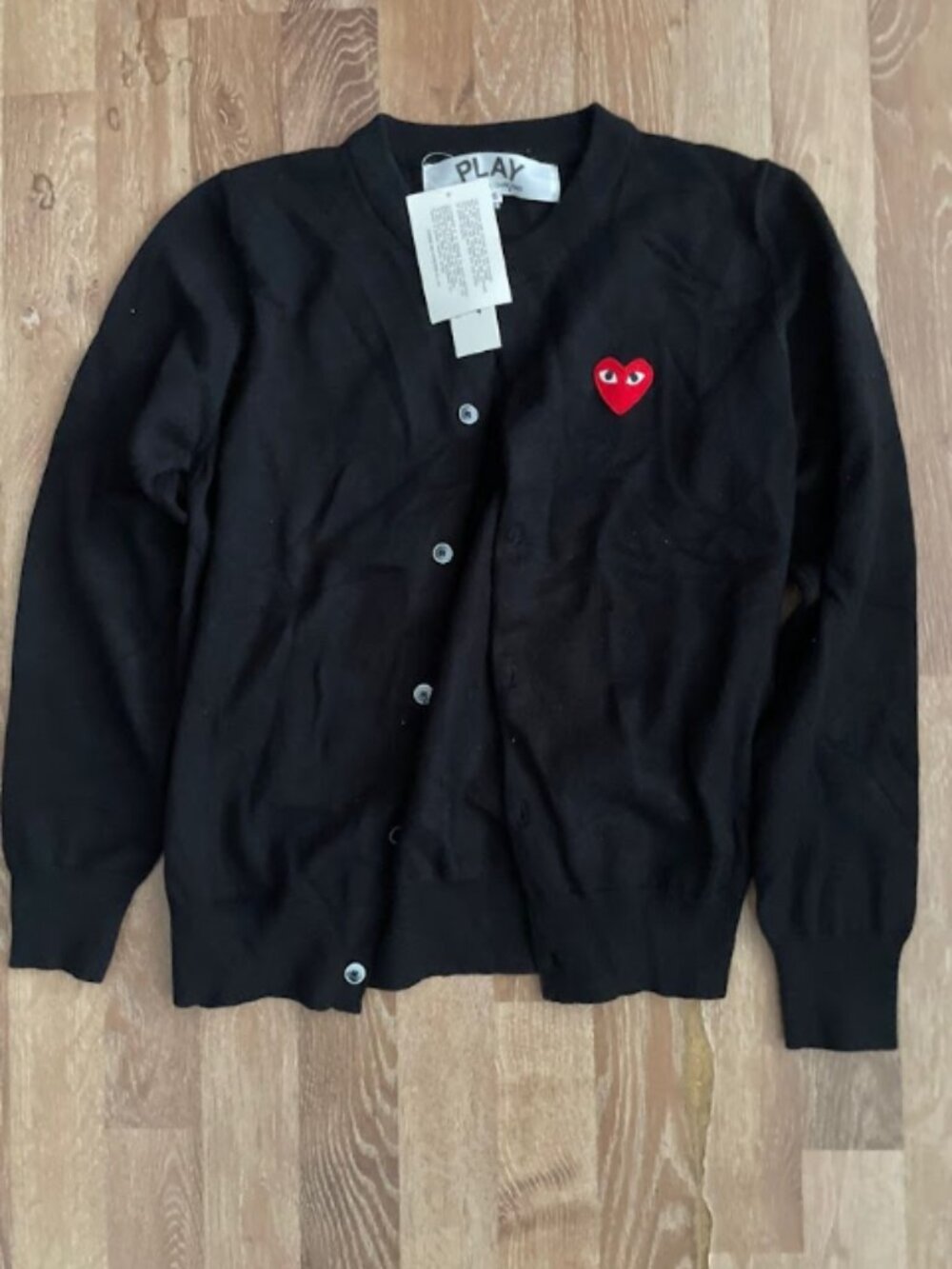 CDG Play Comme des Garcons Black Wool Cardigan NWT S Red Heart Buttons